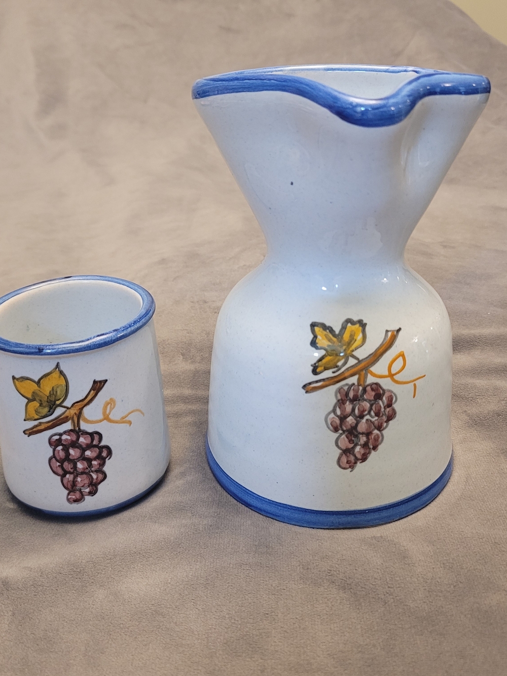 Vintage Spanish Talavera ceramic wine pitcher and matching tumbler